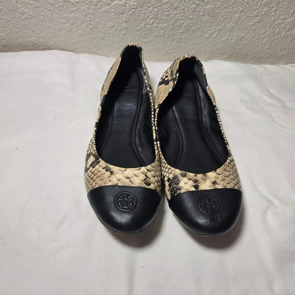 Tory Burch Minnie Snake Embossed Leather Ballet Flats Black Cap Toe 9.5M 7149